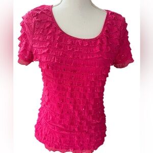 🔥🔥CATO Women's Pink Ruffled Sequins Short Sleeve Top Size Small